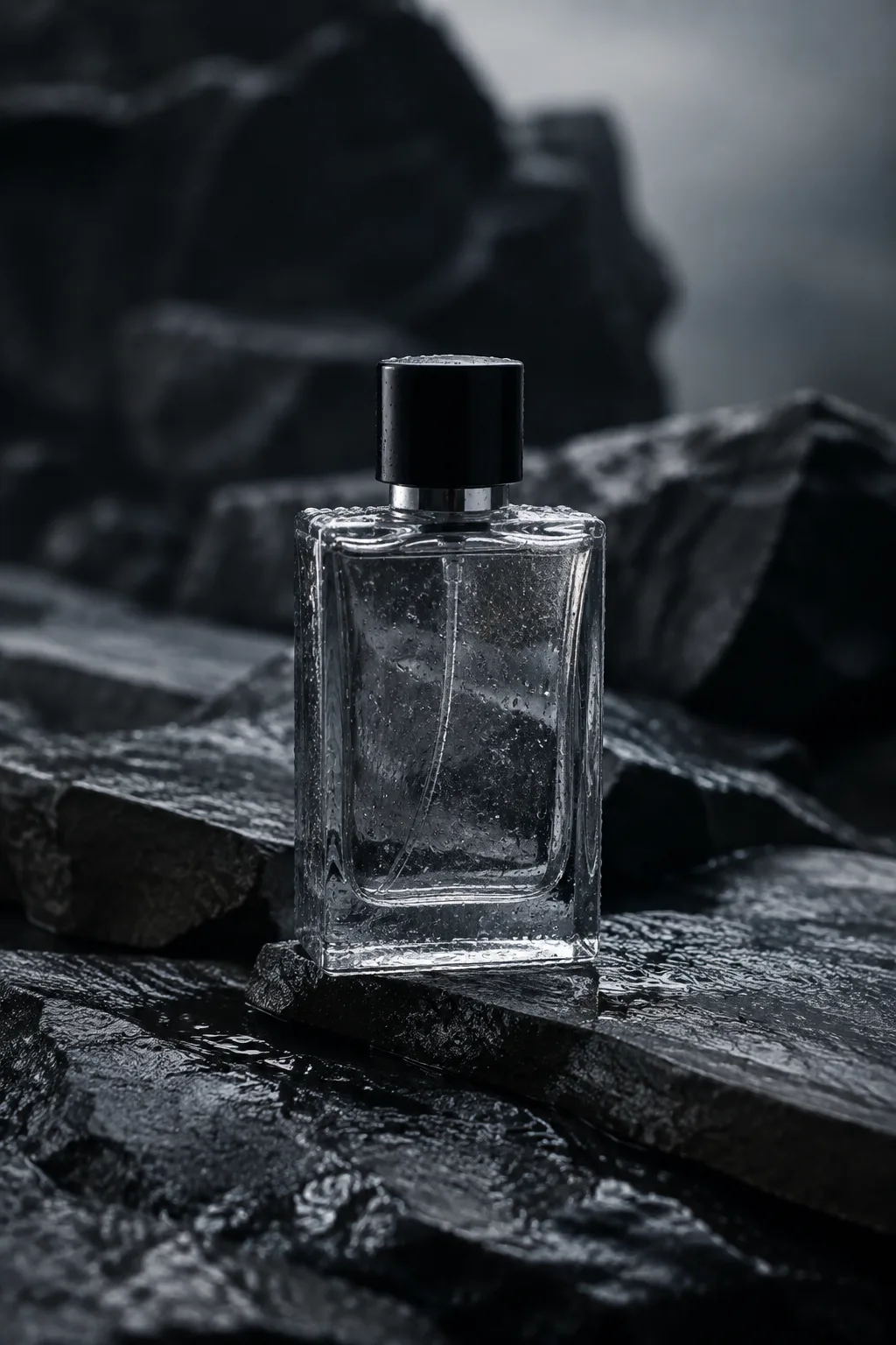 Condensation on an unlabelled fragrance bottle on wet stone
