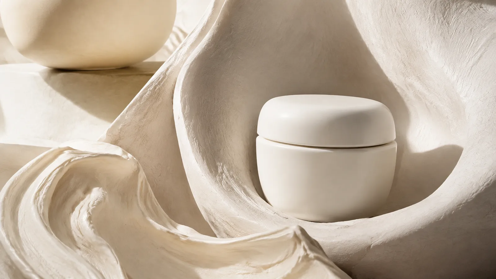 A cosmetic vessel set in a sculptural cream landscape